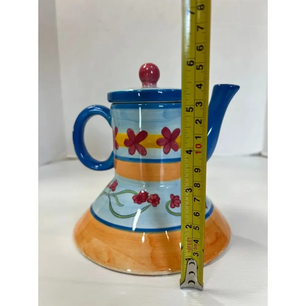 Vintage I Godinger & Co Floral Hand Painted Ceramic Teapot Blue Orange Whimsical